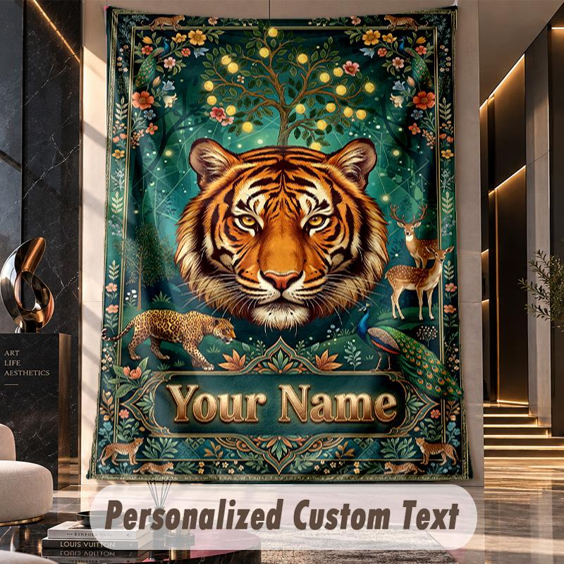 Tiger Forest Majesty Theme Wall Tapestry Customized With Name Text Personalized Hanging Tapestry For Bedroom Living Room Decor
