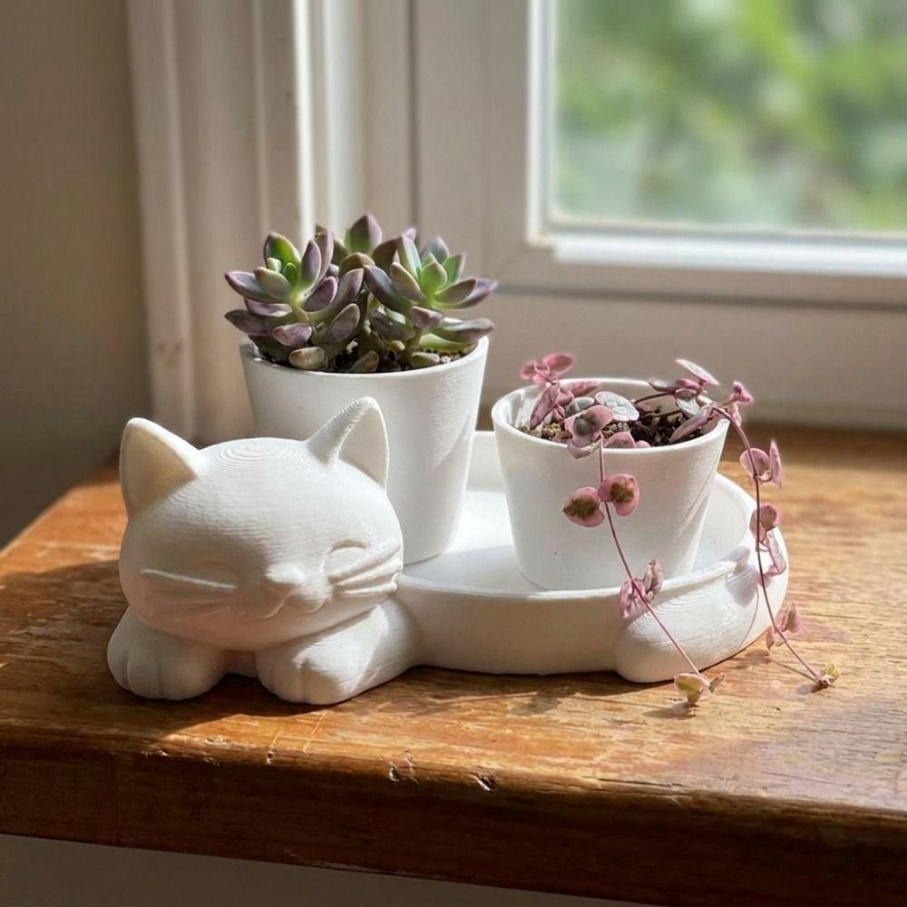 3D Printed Cat-Shaped Flower Pot Cute Animal Mini Potted Plant Jewelry Tray Indoor/Outdoor Use