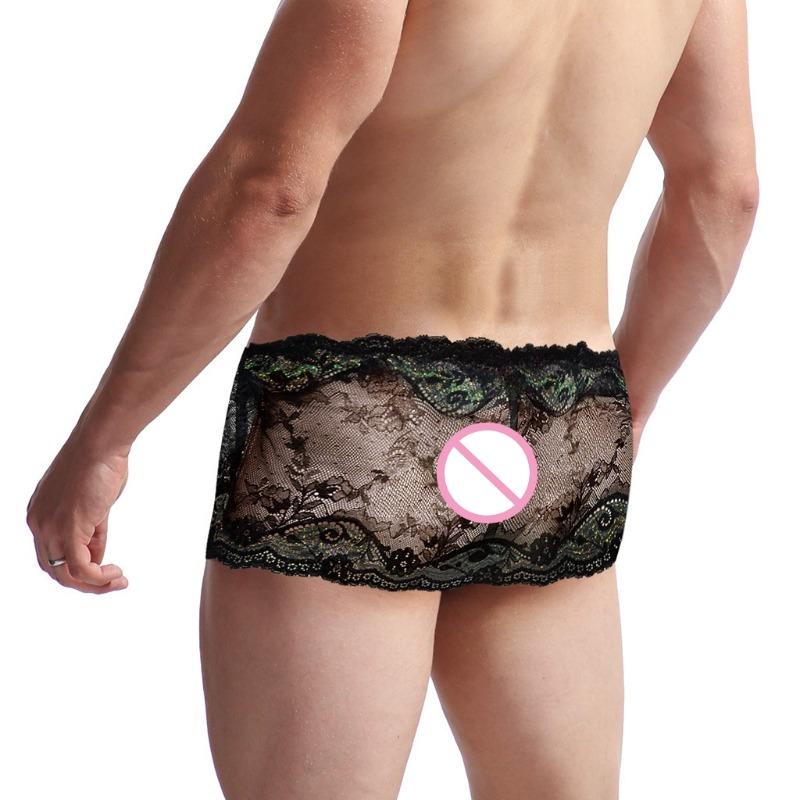 Men Lace Sheer Girly Underwear Sexy Sissy Pouch Panties Femboy Low Rise Bow Lingerie Skirted G-String T-Back Thong Gay Nightwear