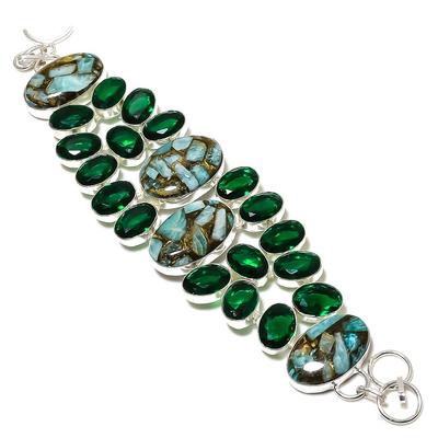 Natural Copper Amazonite, Diopside Gemstone 925 Sterling Silver Bracelet 8" o5Q58