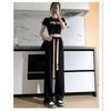 Women's Trendy High-Waist Black Drawstring Wide-Leg Trousers for Spring & Autumn