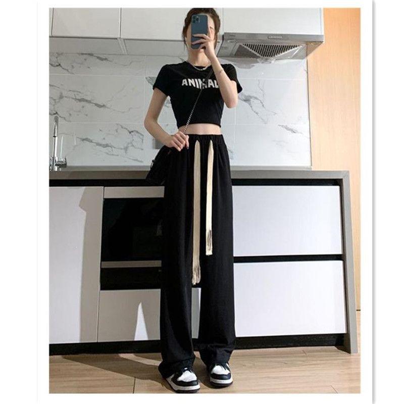 Women's Trendy High-Waist Black Drawstring Wide-Leg Trousers for Spring & Autumn
