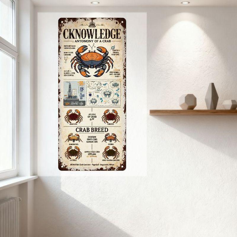 Vintage 'Anatomy of a Crab' Metal Tin Sign, Rustic Weathered Antique Wall Decor with Crab Illustration, Educational Seafood Art