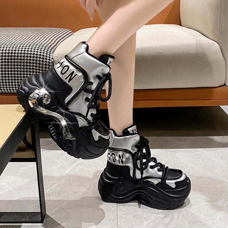 Fashion 8CM Fashion Women Chunky Platform Motorcycle Boots White Lace Up Thick Bottom Shoes Woman Autumn Winter Ankle Botas De Mujer