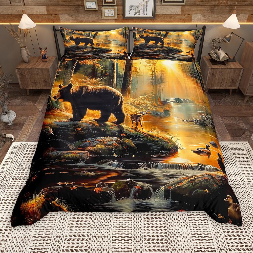 Homewish Rustikales Bauernhaus Lodge Hütte Bettbezug Set, Wildbär Hirsch Bettbezug Set, Waldtier Bettwäsche Set