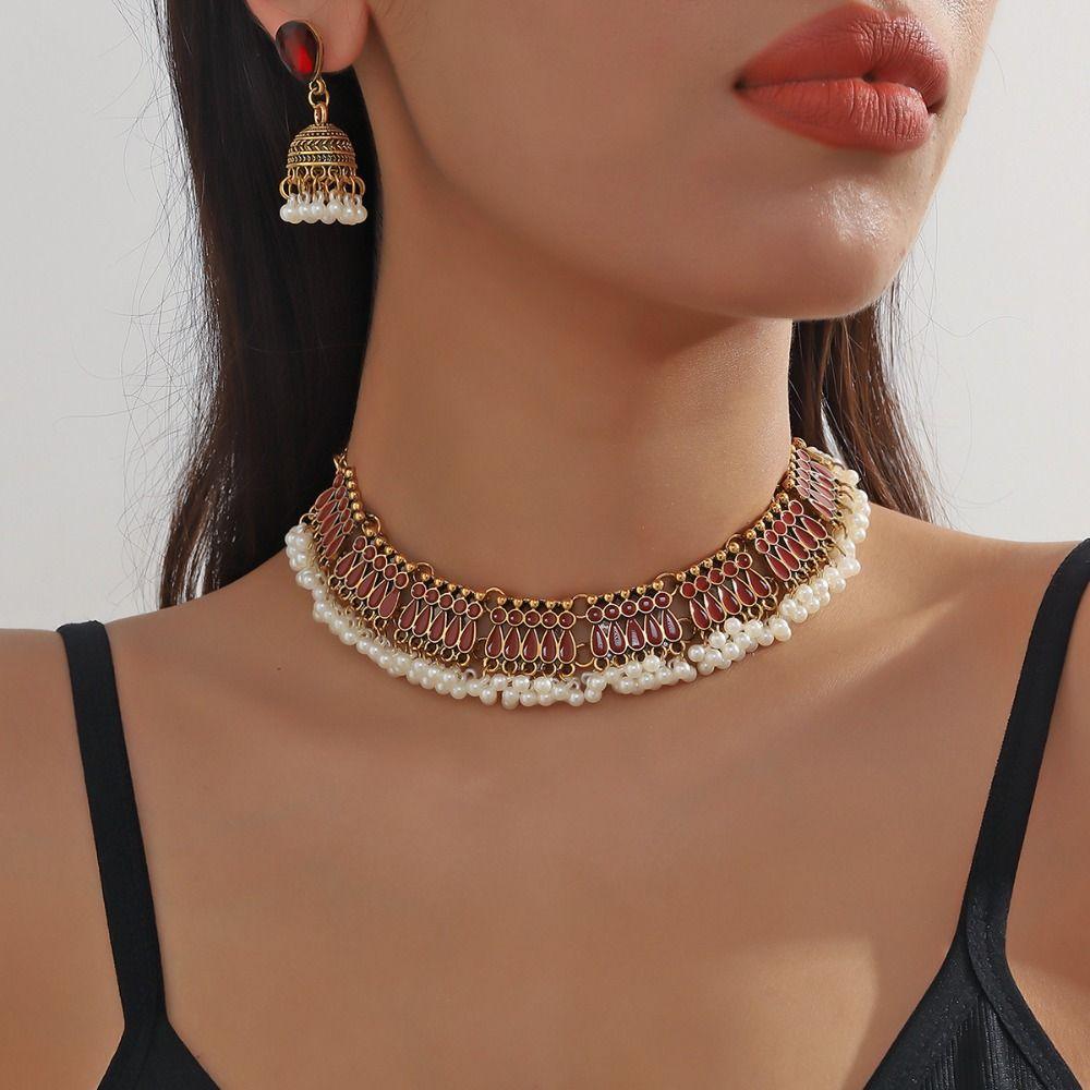 Ethnic Style Oil Drop Necklace And Earring Fashionable Clavicle Chain Vintage Jewelry Set  Birthday