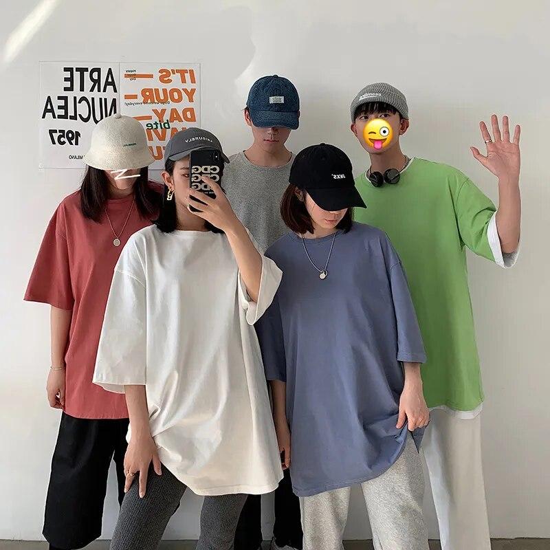 Maglietta estiva da uomo e da donna in 100% cotone, a maniche corte, ampia, casual, basica, girocollo, tinta unita, oversize