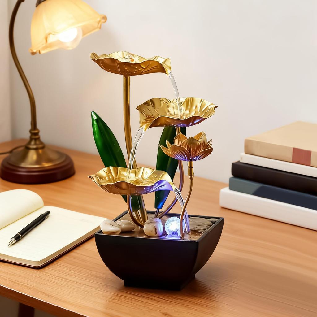 Lotus Leafs Waterfall Fountain Ornament Zen Relaxation Soothing Led Light Desk Water Fountain With Stream Sounds For Bedroom