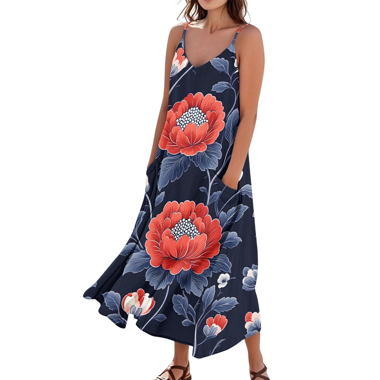 

Женское повседневное платье-рубашка без рукавов с карманами и цветочным принтом L темно-синий