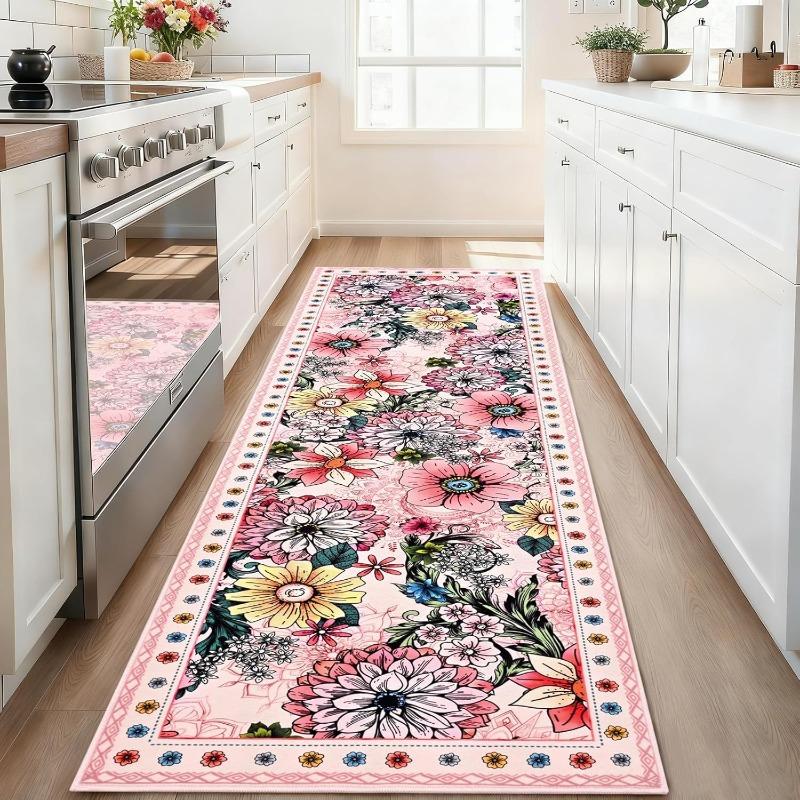Retro Floral Runner Rug Colorful Flower Pattern Carpet Soft Non-Slip Home Decor Floor Mat for Living Room Bedroom Kitchen