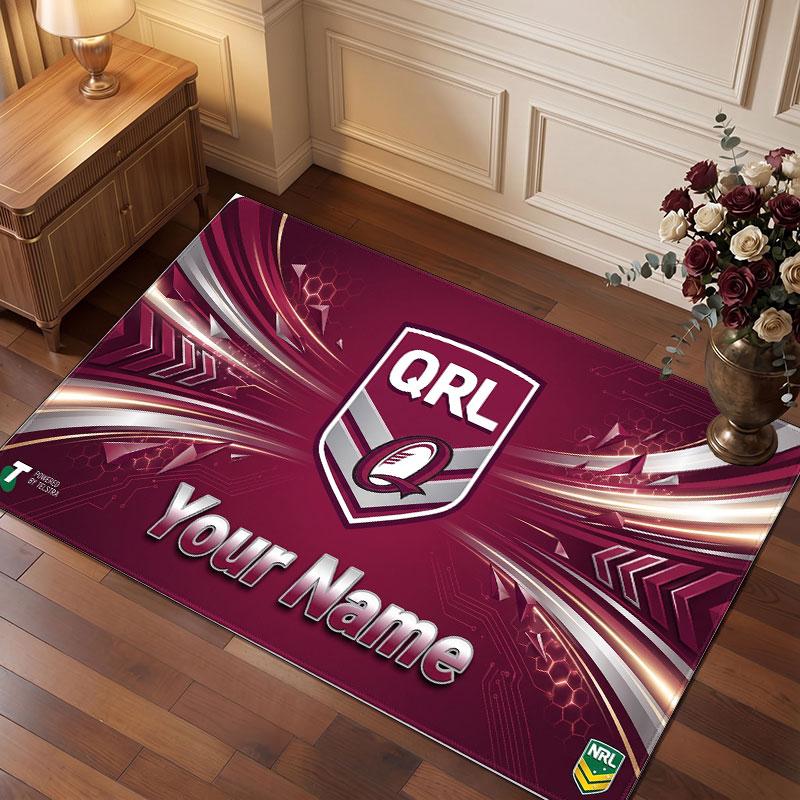 Personalisierter Kristall-Samt-Teppich der Queensland Maroons, Weicher Anti-Rutsch-Teppich mit individuellem Namens-Text für Wohnzimmer, Schlafzimmer