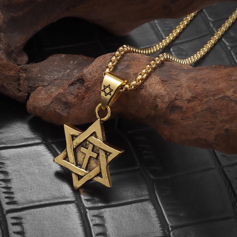 Retro Sechsspitziger Stern Kreuz Mode Schmuck Anhänger Halskette
