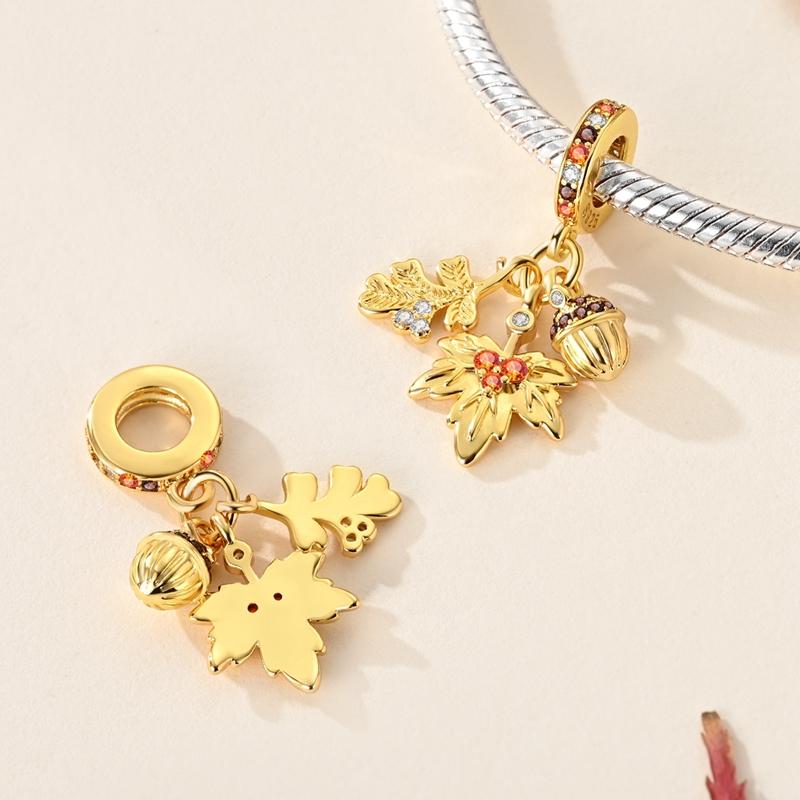 Copper Golden Autumn Series Charms Maple Leaves Pendants Pumpkin Beads Fit Original Bracelet Diy Jewelry Gift