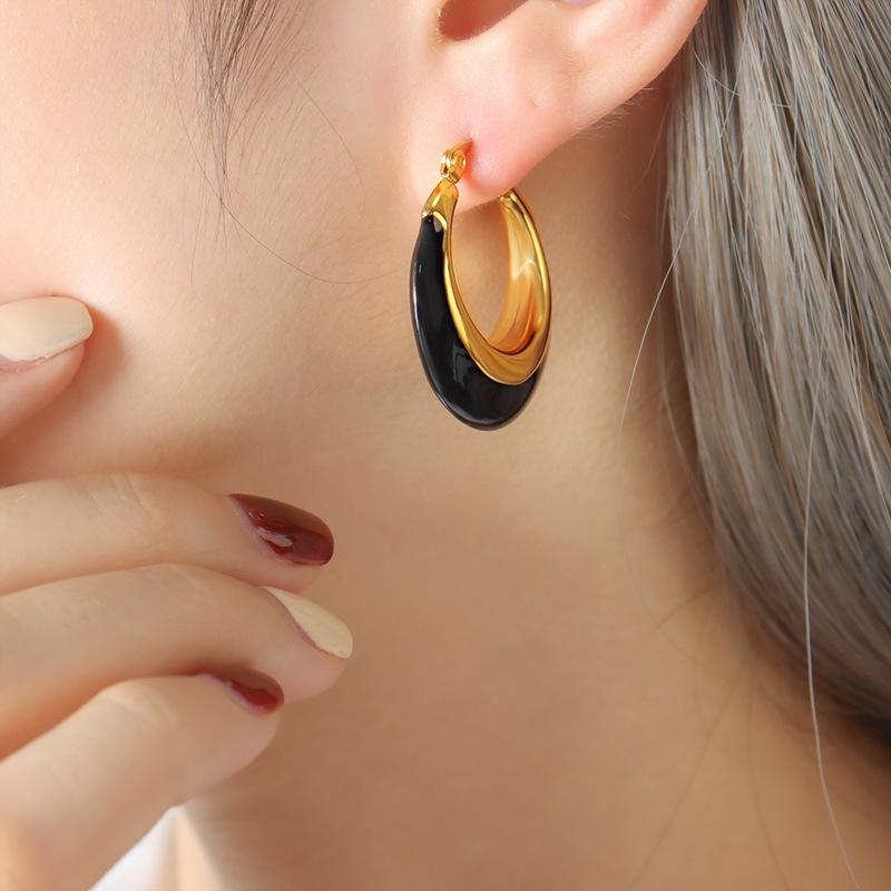 Gold-Plated Geometric Hoop Earrings: Black & White Oil Drip, European Retro Style for Women