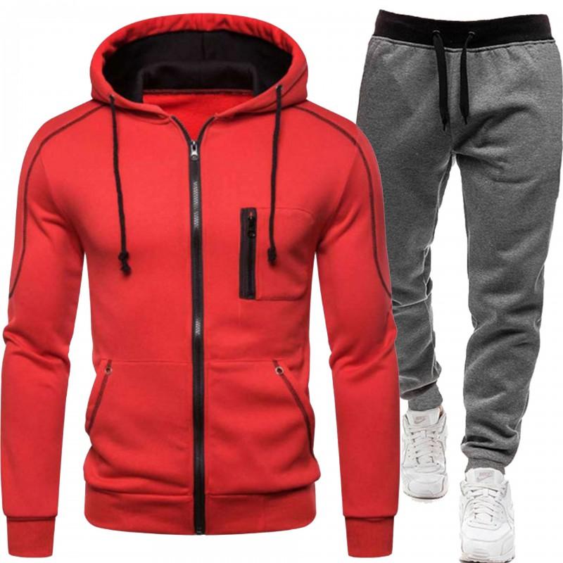 Mens Hooded Sweatshirt Set Casual Two-Piece Outfit Loose Fit Fleece-Lined Winter Sportswear