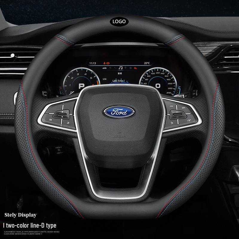 Ford-Compatible Leather Steering Wheel Cover for Focus, EcoSport, Taurus, Edge, Escort, Kuga, Mondeo