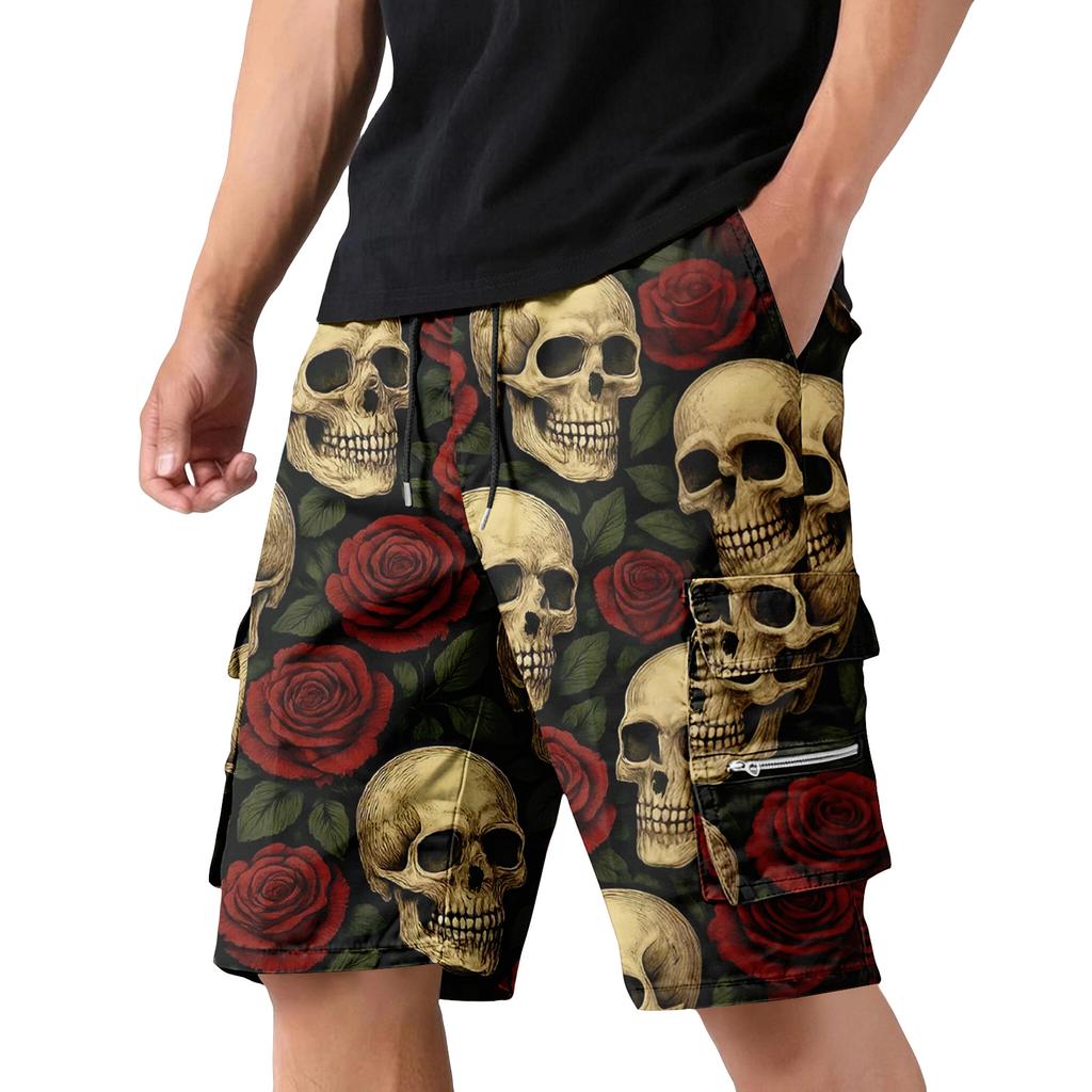 Pantaloncini Cargo da Uomo con Coulisse in Vita e Tasche con Stampa Teschio e Rosa Tema Halloween Vestibilità Larga Stile Streetwear