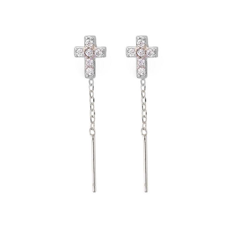 Punk Style Zircon Cross & Moon Stud Earrings with Round Diamond and Screw-Back Design