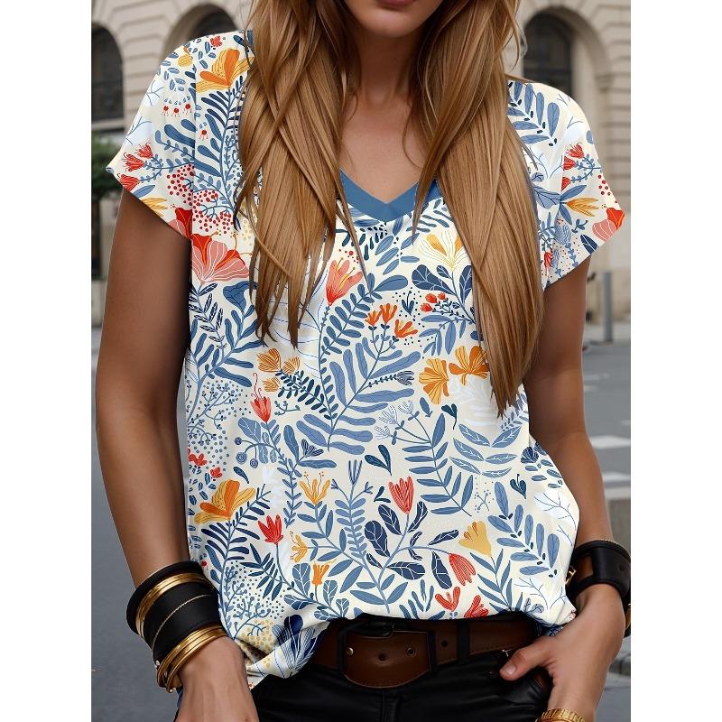 Women's Trendy T-Shirt Plants Graphics Fashion Short Sleeved V-Neck Regular Tops Daily Print Tee 2025  Summer Y2K Casual Tops