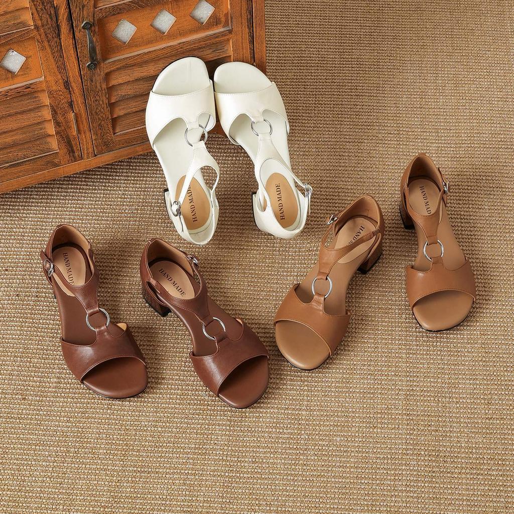 Krazing Pot Cow Skin Med Heels European Design Summer Size 40 Circle Buckle Straps Women Sandals