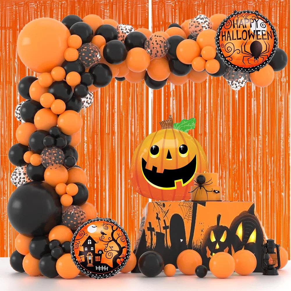 Halloween Balloon Wreath Pumpkin Aluminum Film Black Orange Latex Balloon Chain Rain Curtain Package Holiday Party Scene Decoration