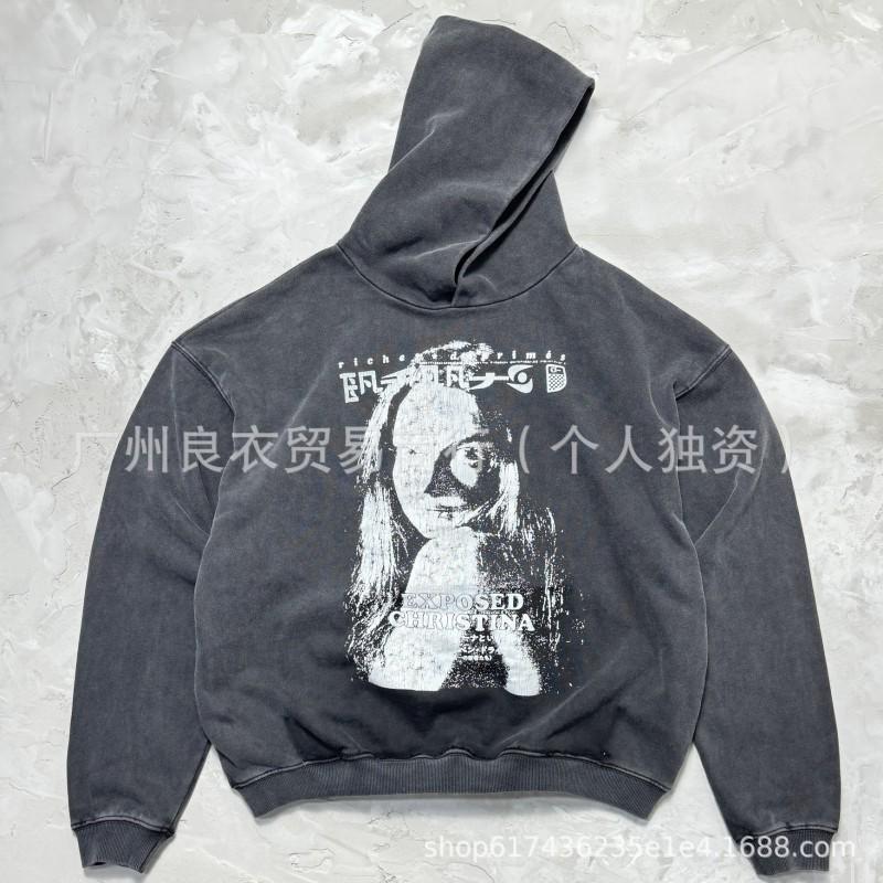 Mens Oversized Hooded Sweatshirt With Vintage Washed Print - Cotton Blend Loose Fit Streetwear