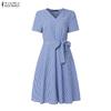 ZANZEA Women Casual V-Neck Summer Short Sleeve Plaid Print Dress