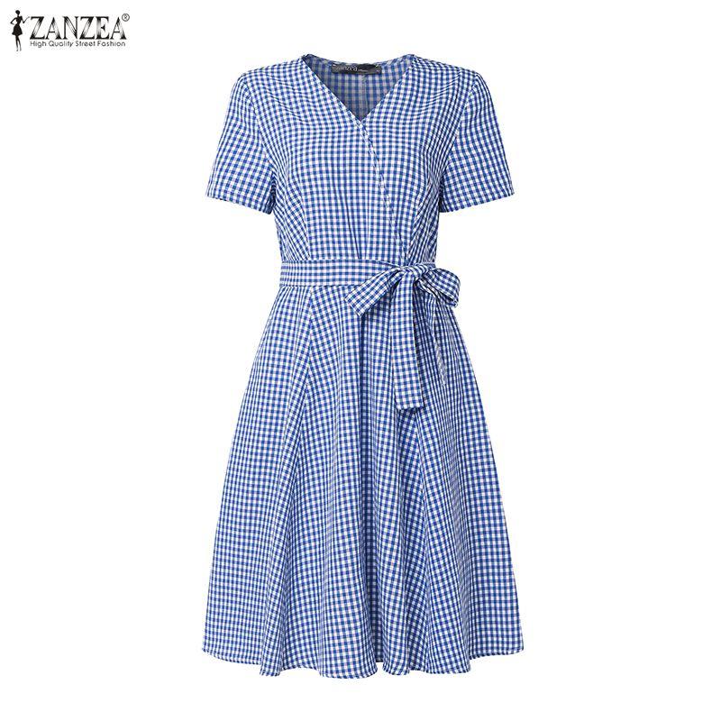 ZANZEA Women Casual V-Neck Summer Short Sleeve Plaid Print Dress