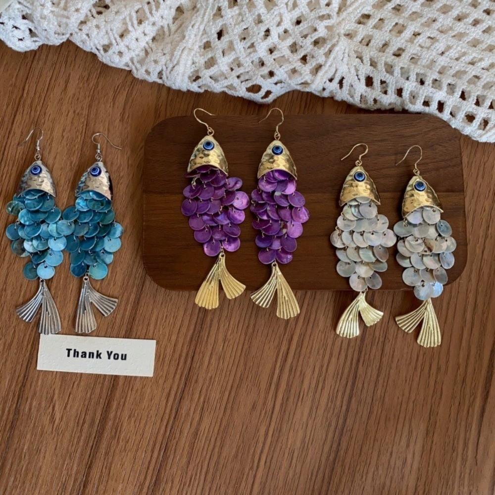 Scaly Imitation Shell Tassel Earrings Elegant Dangle Earrings Retro Fish-shaped Earrings  Party