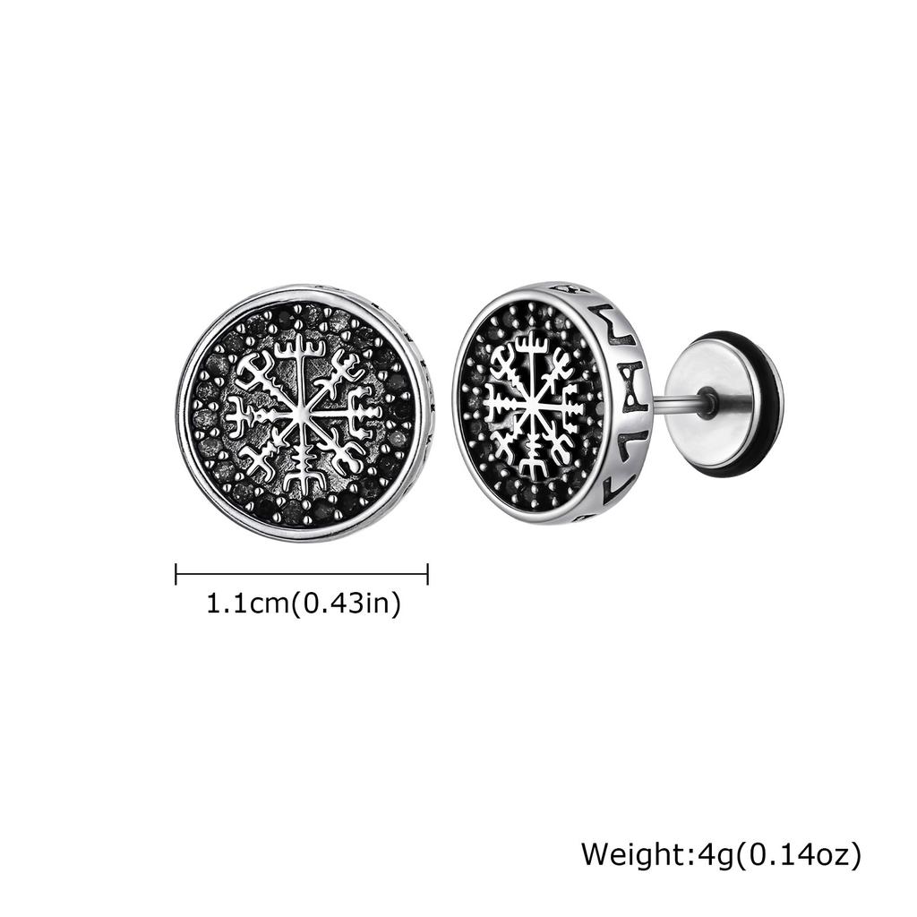 Vintage Viking Stud Earrings for Men Boys,Round Stainless Steel Compass Zircon Earring,Simple Jewelry Gift for Him