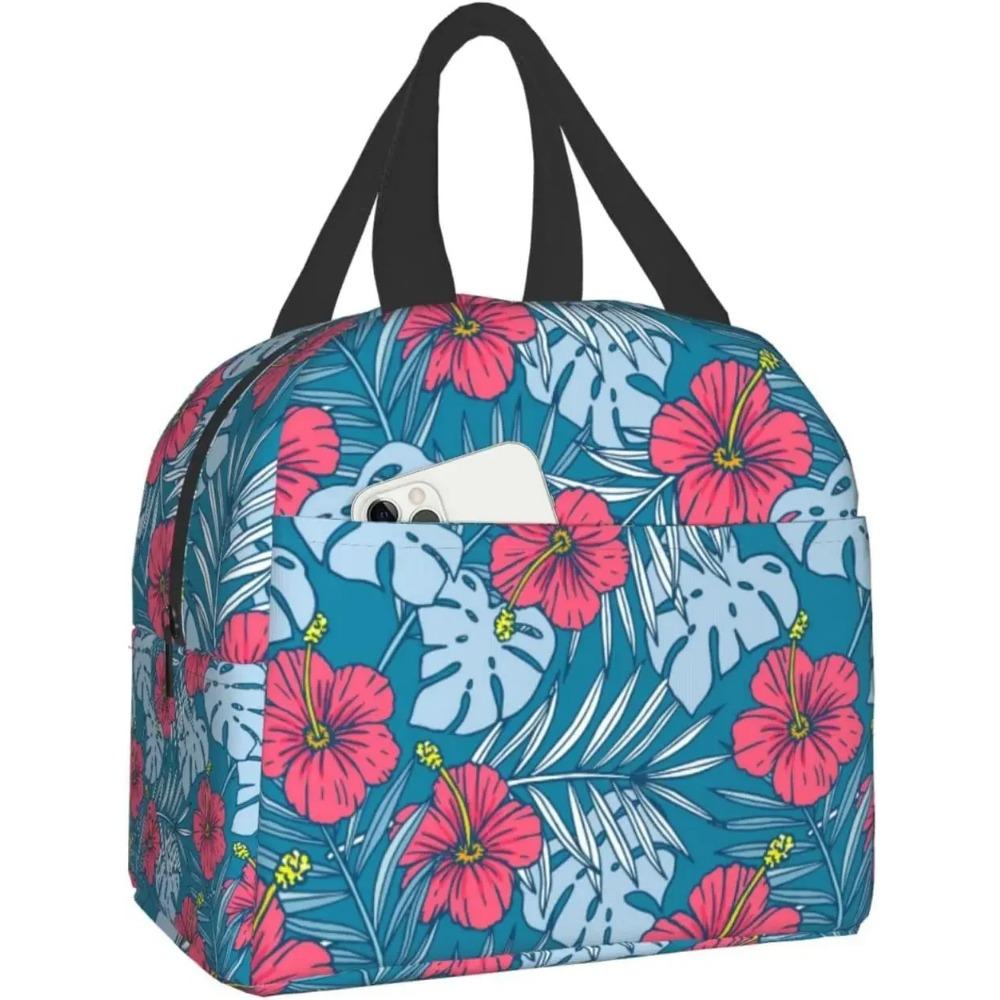 Red Hibiscus Large Insulated Lunch Bag Blue Tropical Leaves Hawaii Floral Lunch Box for Boys Girls Men Women Work Shcool Picnic