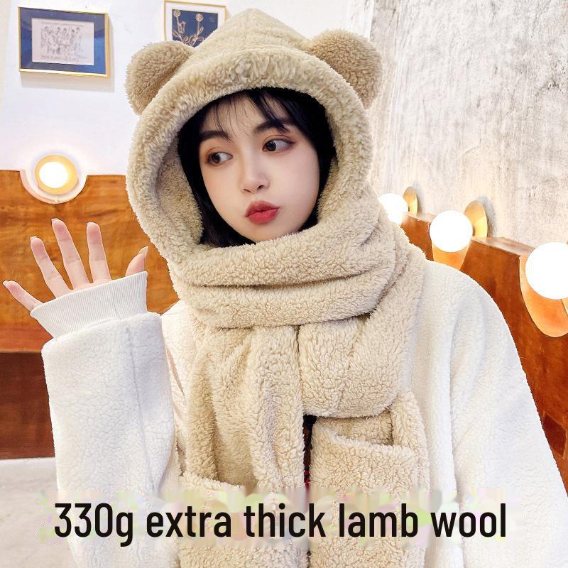 

Шапка, шарф и перчатки в виде плюшевого медведя Internet Celebrity 3 в 1: Двухслойный, защищающий уши теплый комплект для осени и зимы One Size