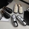 Cowhide Version~ Genuine Leather Bag Head Half Slippers Women's Summer Wear Fashion 2025 New Super Fire Silver Flat Bottom Cool Slippers