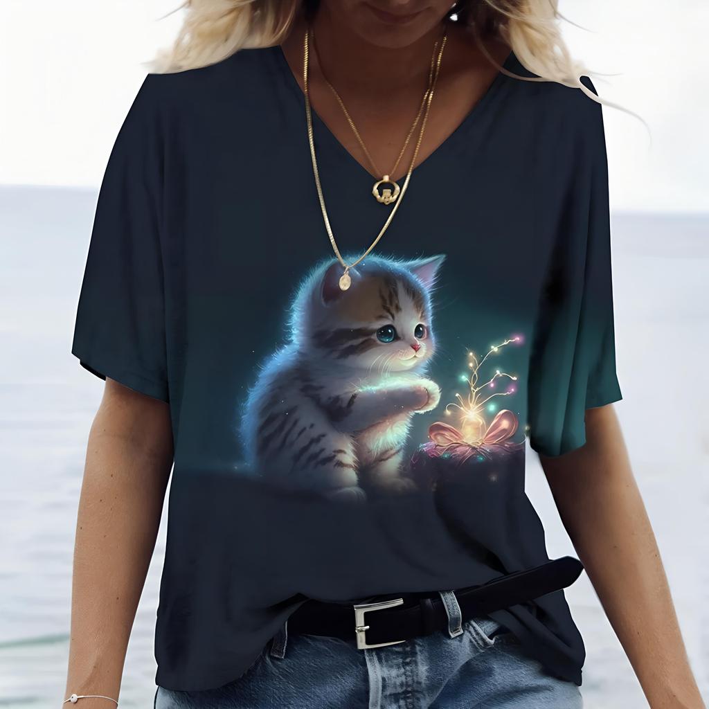Women's Casual Summer V-Neck Short Sleeve T-Shirt Kawaii Harajuku Style Cute Kitten 3D Print Fashionable Loose