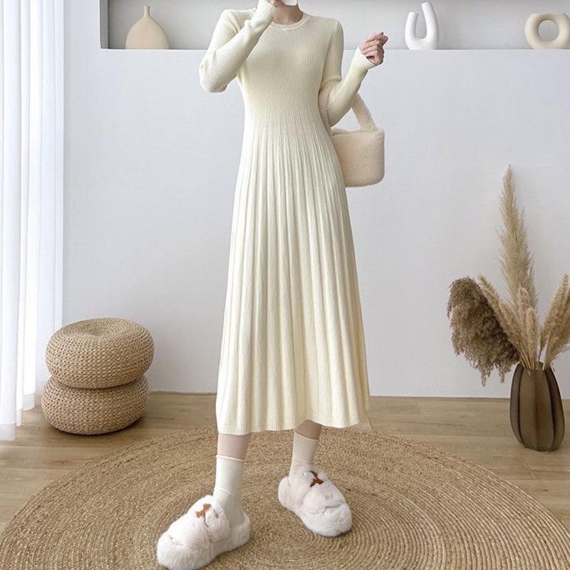 Autumn and winter new casual fashion inner sweater skirt solid color round neck knee long knitted dress women