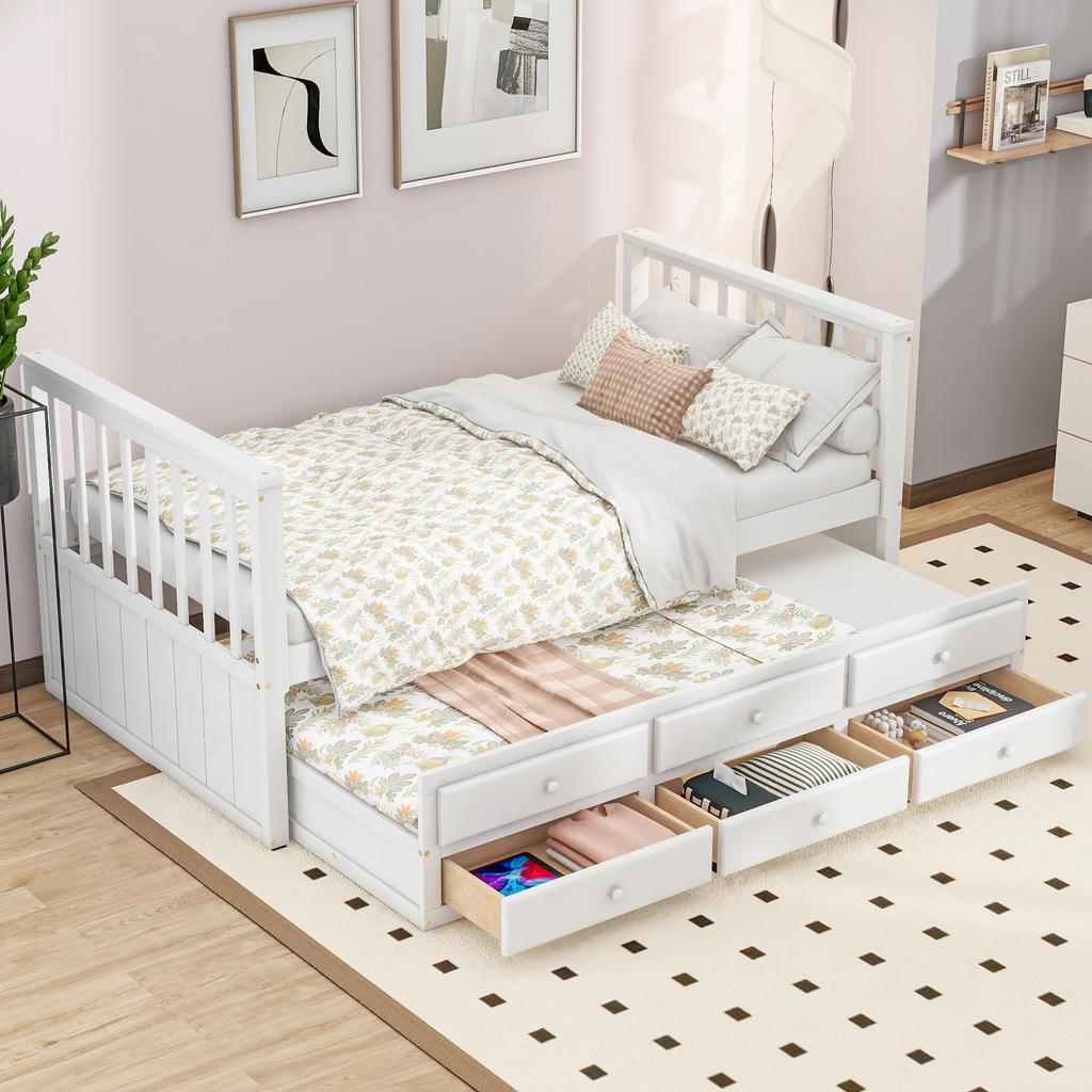 Kinderbett Tagesbett 90x200 Bettauszug Einzel-/Doppelbett Stauraum 3 Schubladen Holzbett Lattenrost Weiß ohne Matratze