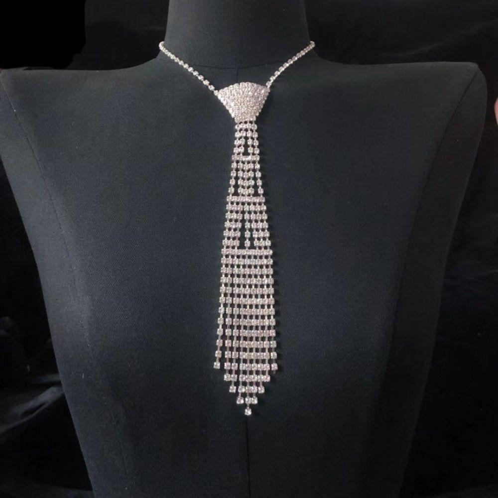 Charm Tie Shape Necklace Exaggerated Crystal Chain Choker Rhinestone Tassel Necklace  Party