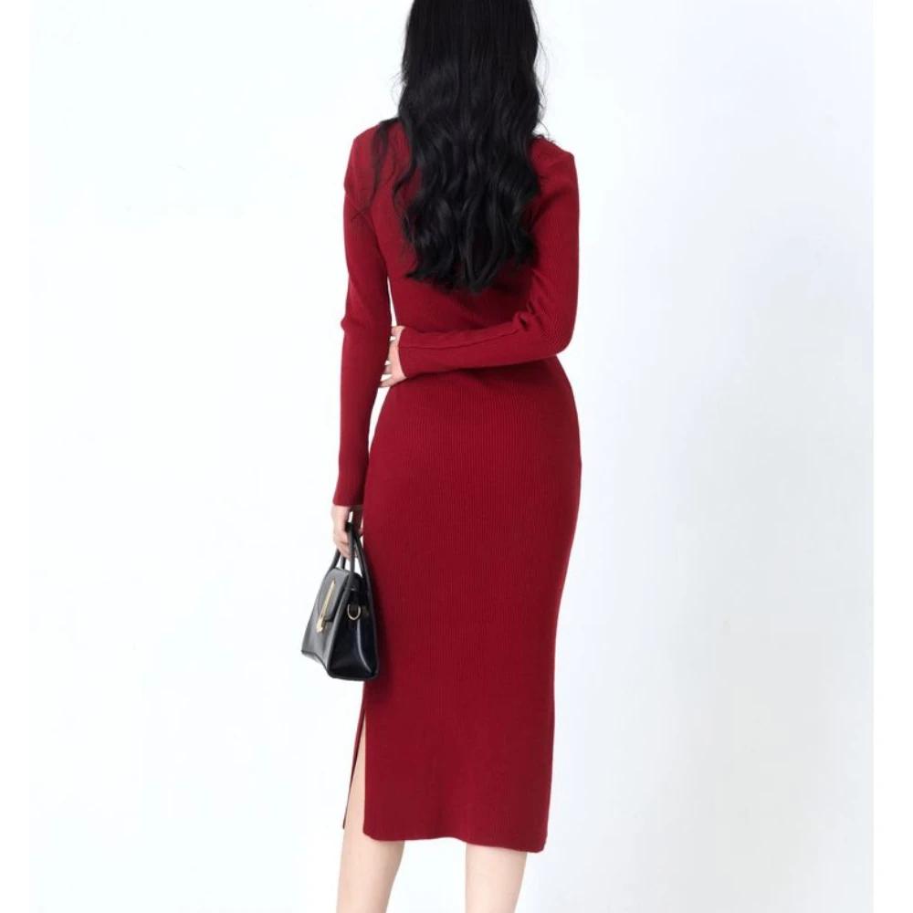 Elegant Women's Knit Dress Temperament Retro Neck Knit Dress Fall Winter Fashion Women's Inside Take Long Sleeved Sweater Skirt Dresses for Women 2025