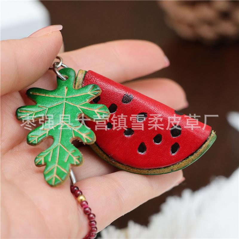 First Layer Cowhide Creative Small Watermelon Car Keychain Bag Pendant Mini Cute Fruit Cowhide Bag Accessories