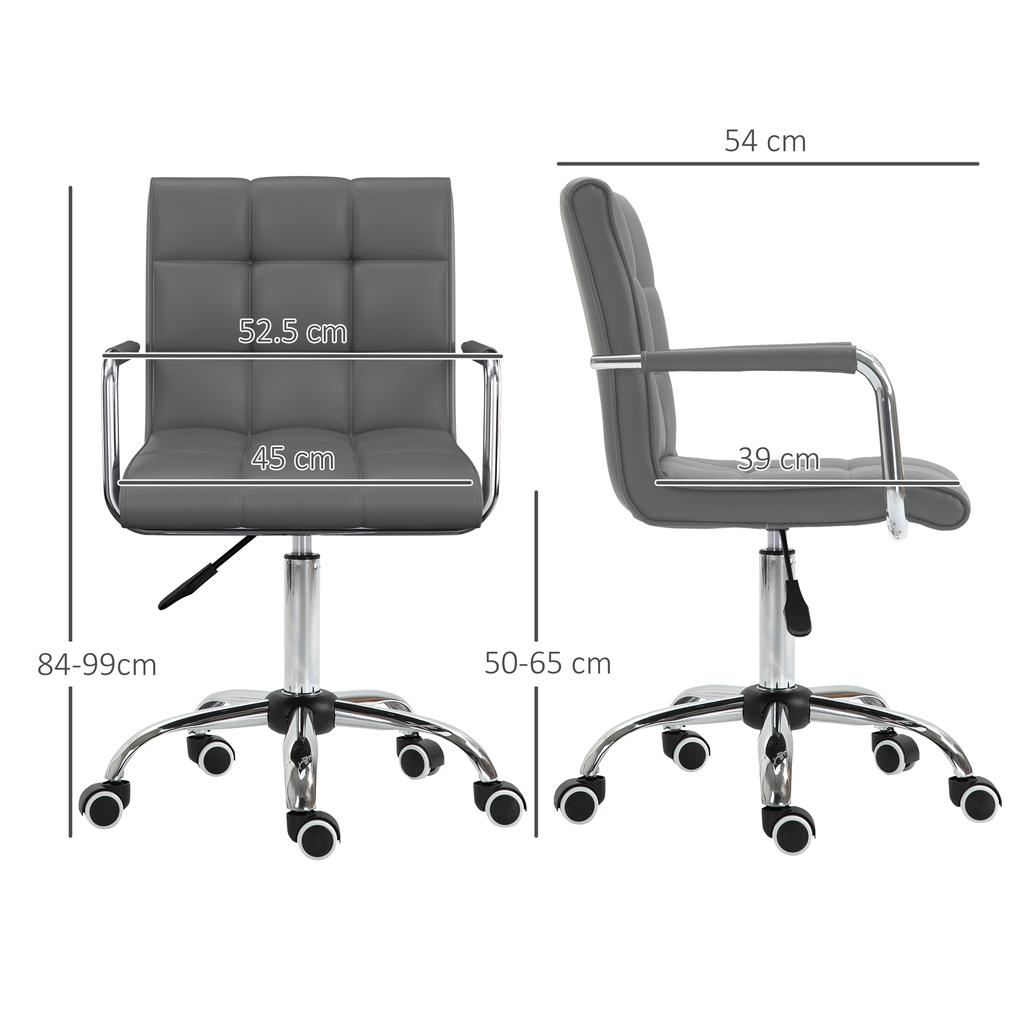 Makeup Vanity Chair, PU Leather Mid Back Office Chair with Adjustable Height, Armrest and Rolling Wheels, Grey