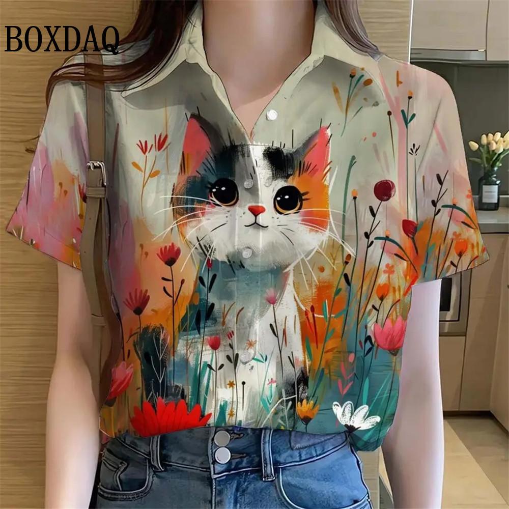 Womens Shirts Artistic Cute Cat Printed Casual Hawaiian Short Sleeve Button Beach Shirt Summer New Blouse Women's Clothes 2025
