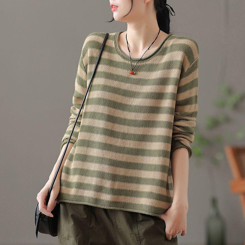 

Женский повседневный пуловер с круглым вырезом, осенне-зимний вязаный полосатый топ, свободный базовый слой 2XL