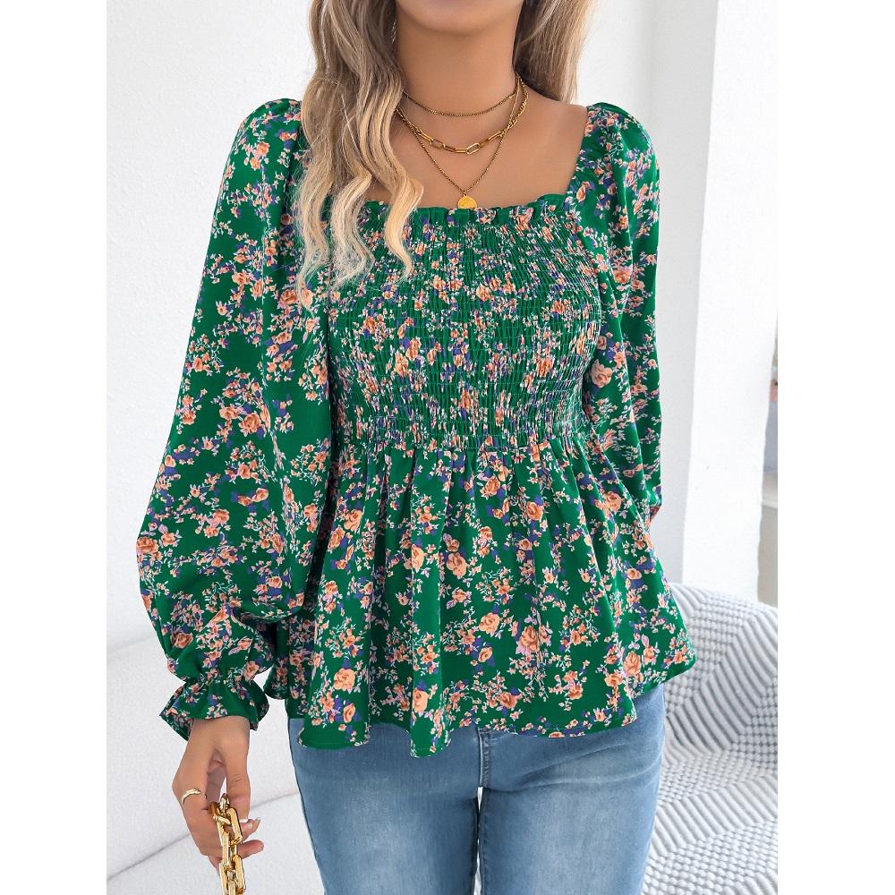 Women Spring Summer Chiffon Blouse and Shirts Long Sleeve Sequre Collar Floral Printing Shirt Tops blusas