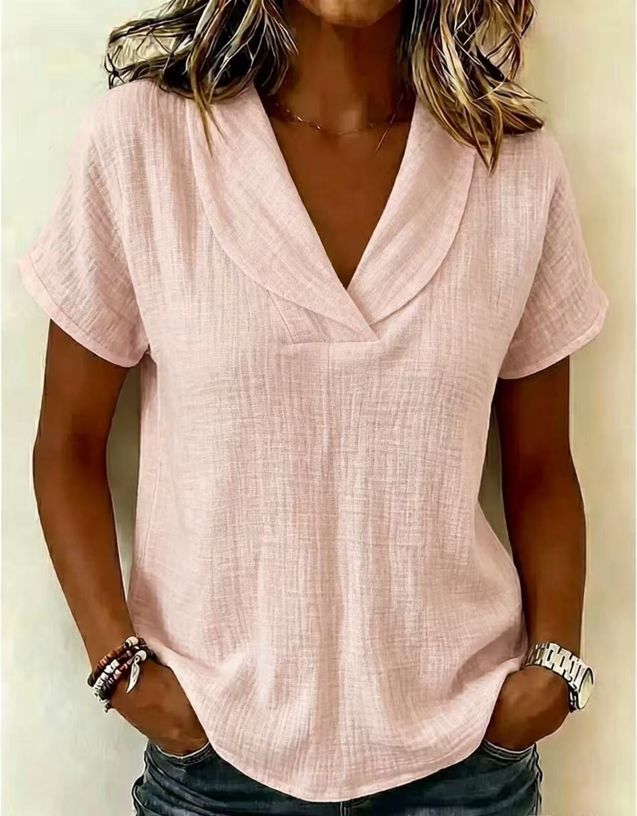 

Women s Casual Short Sleeve Top Lightweight Loose Fit Blouse with Butterfly Collar Summer Shirt for Everyday Wear S розовый