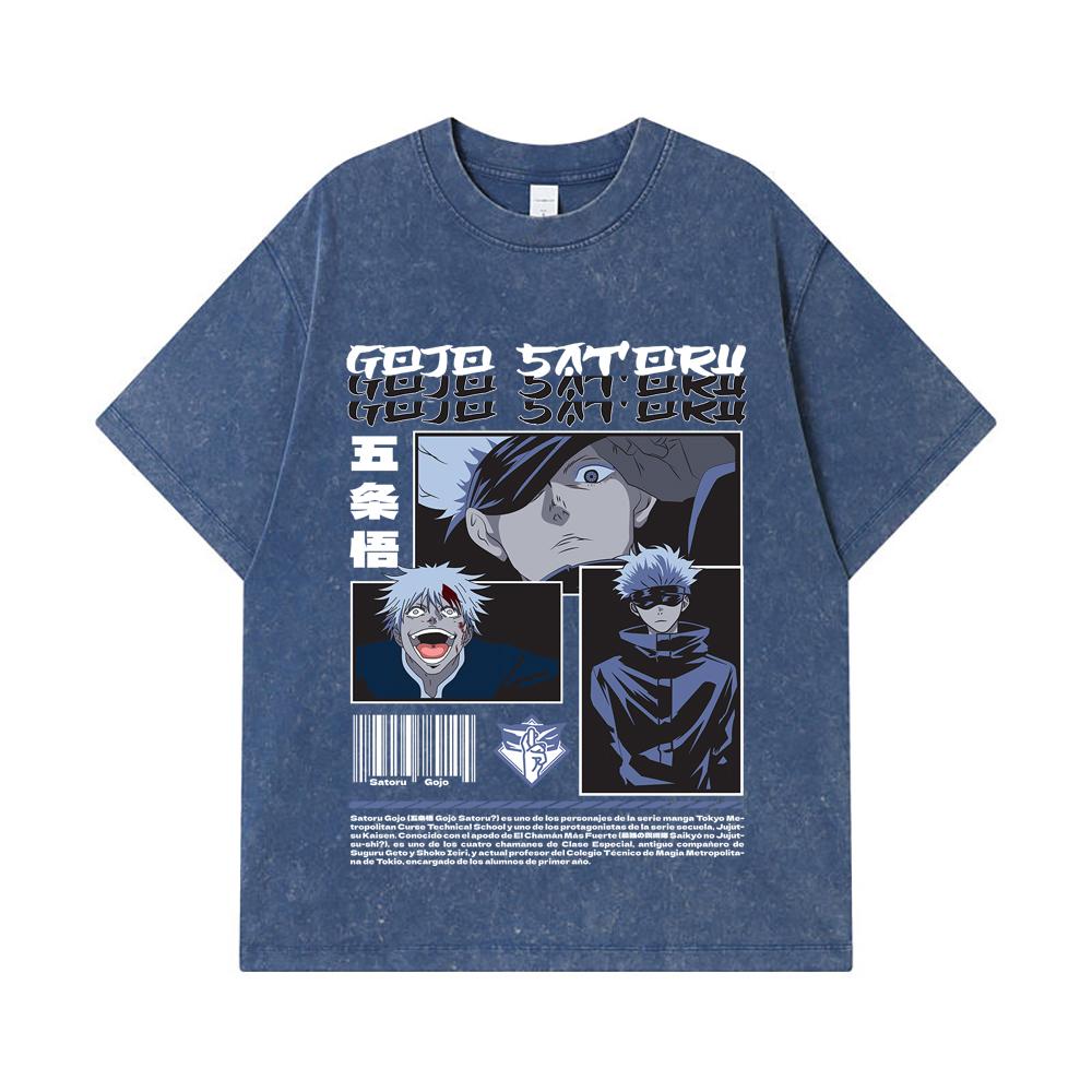 

275 GSM Washed T-shirts 100% Cotton Jujutsu Kaisen V26 Gojo Print Unisex Heavy Cotton T Shirt 2XL