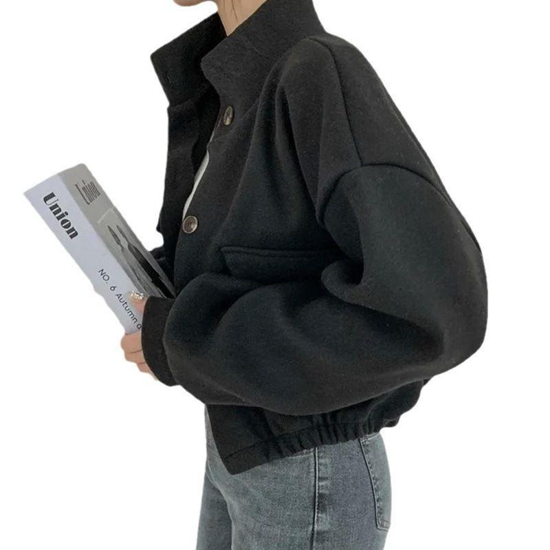 Women's Cut Wool Blend Jacket Korean Style Stand Collar Casual Jacket