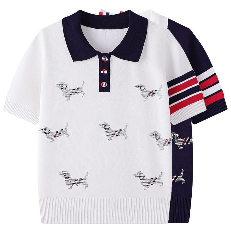 Summer Autumn Women Rhinestone Dog Contrast Color Knitted Sweater Polo Pullover Jumper Tops