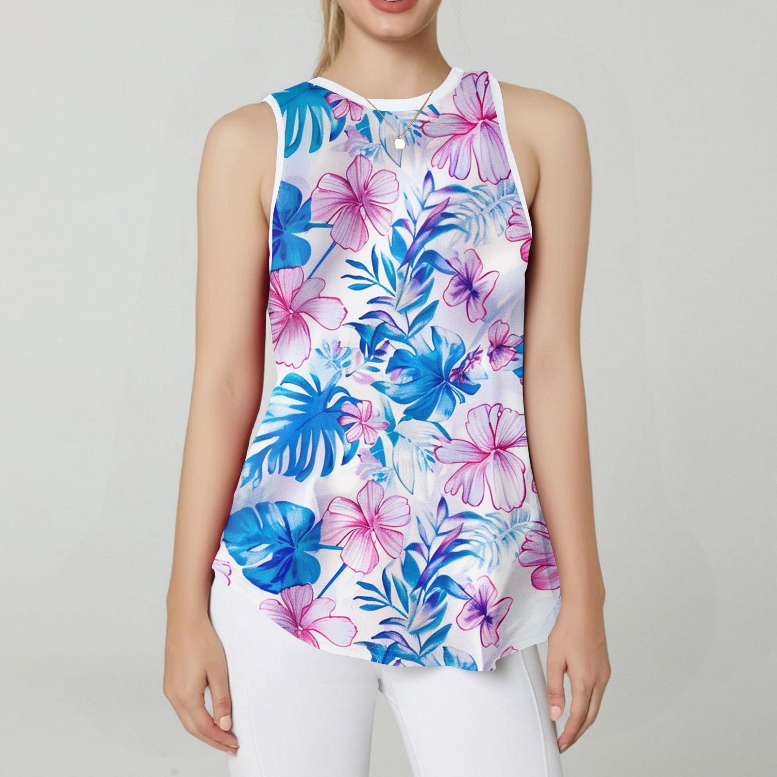 Women s Round Neck Retro Flower Print Vest Versatile Loose Hem Sleeveless T-Shirt Top S