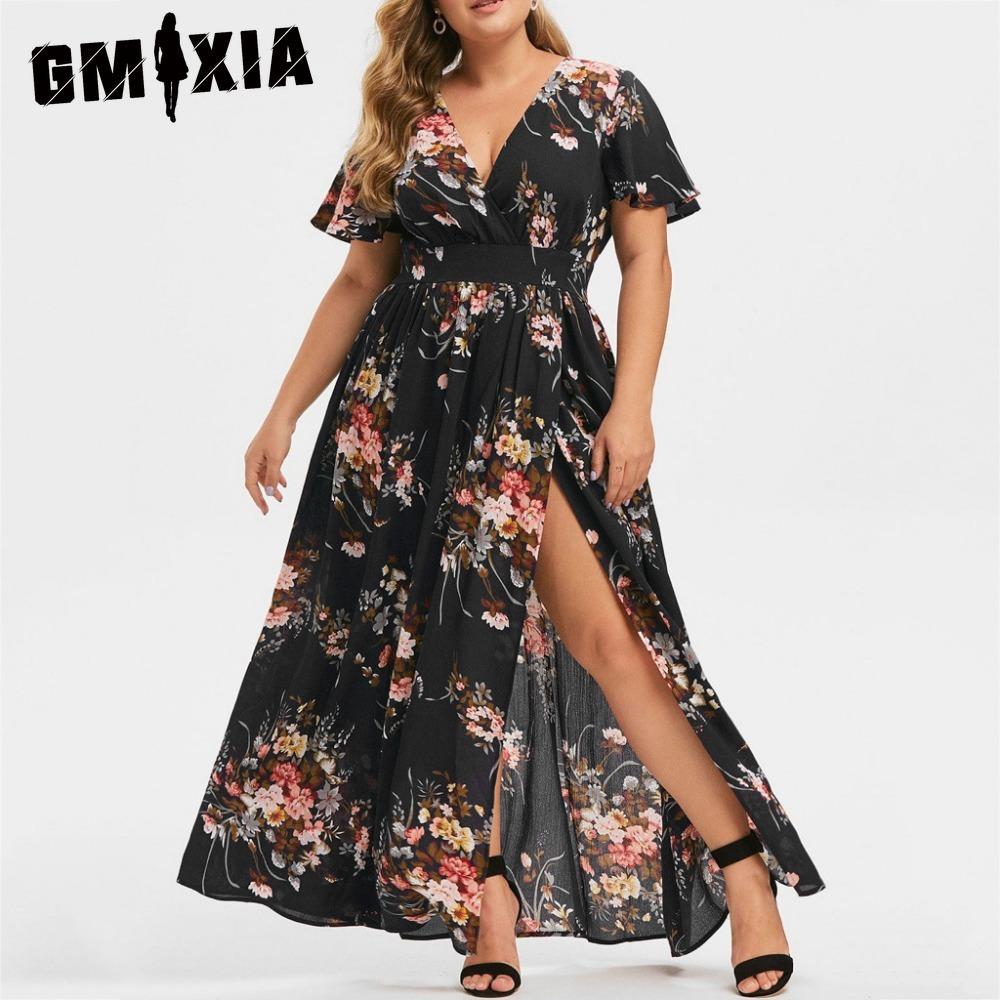 GMXIA L-5XL Women's Fashion Summer Spring Short Sleeve V-Neck Casual Dresses