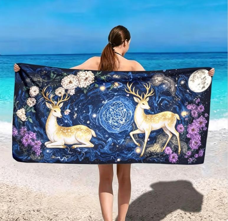 Celestial Golden Deer Beach Towel Mystical Moon Floral Deer Print Towel Soft Absorbent Quick-Dry Summer Towel for Vacation